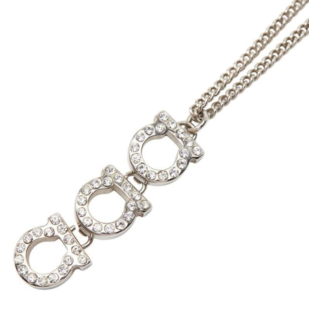 Salvatore Ferragamo Gancini Rhinestone Metal Necklace Silver